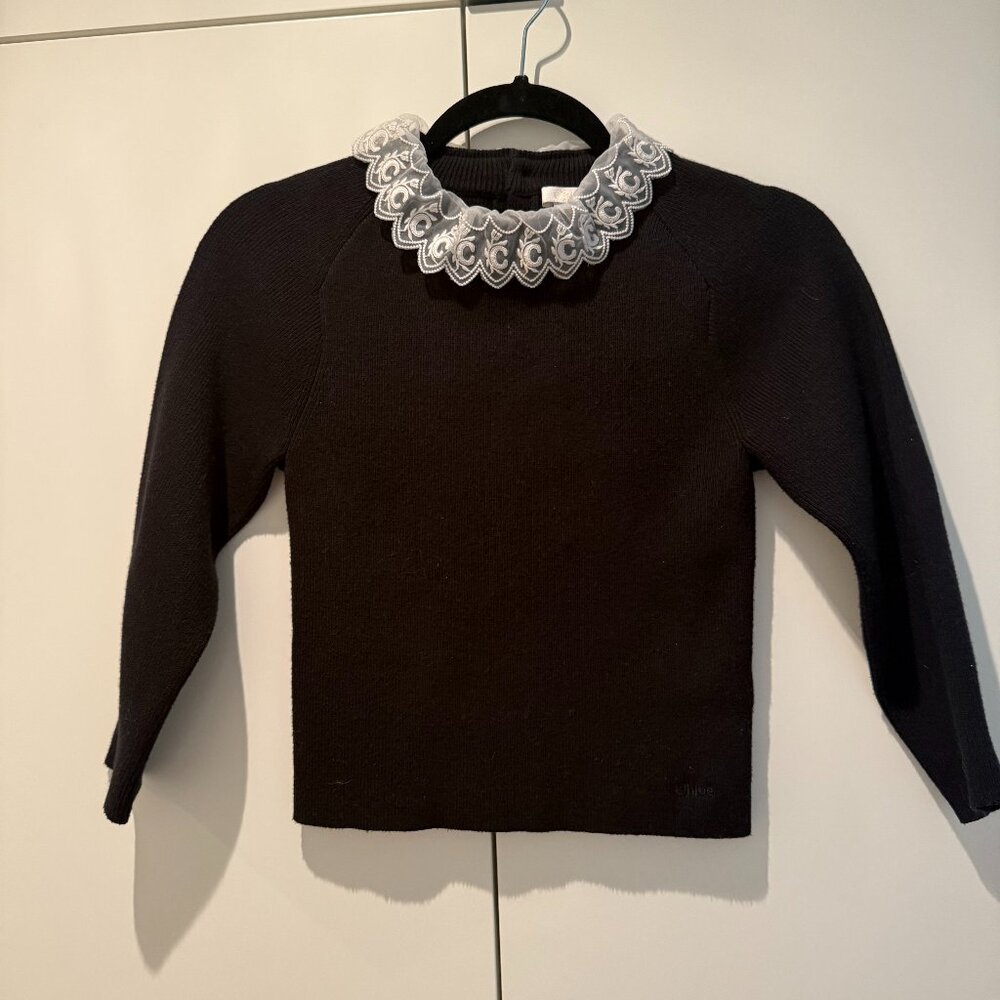 Chloe black cotton/wool sweater with lace collar SZ 8Y